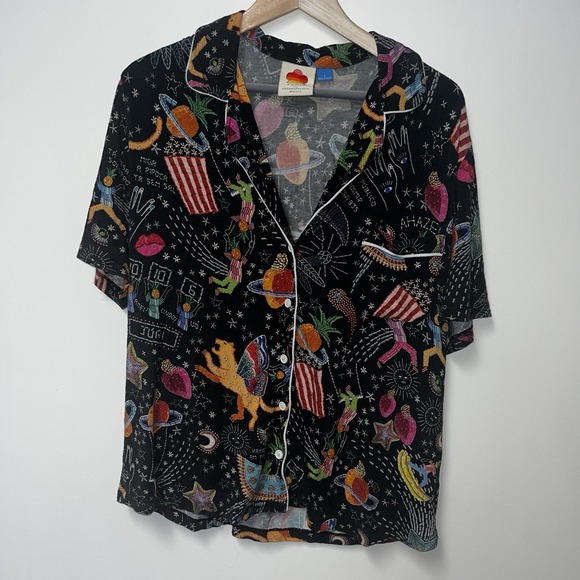 Anthropologie X Farm Rio Comic Pajama 2 Piece Set Shorts Button Up Womens Large - Picture 7 of 16